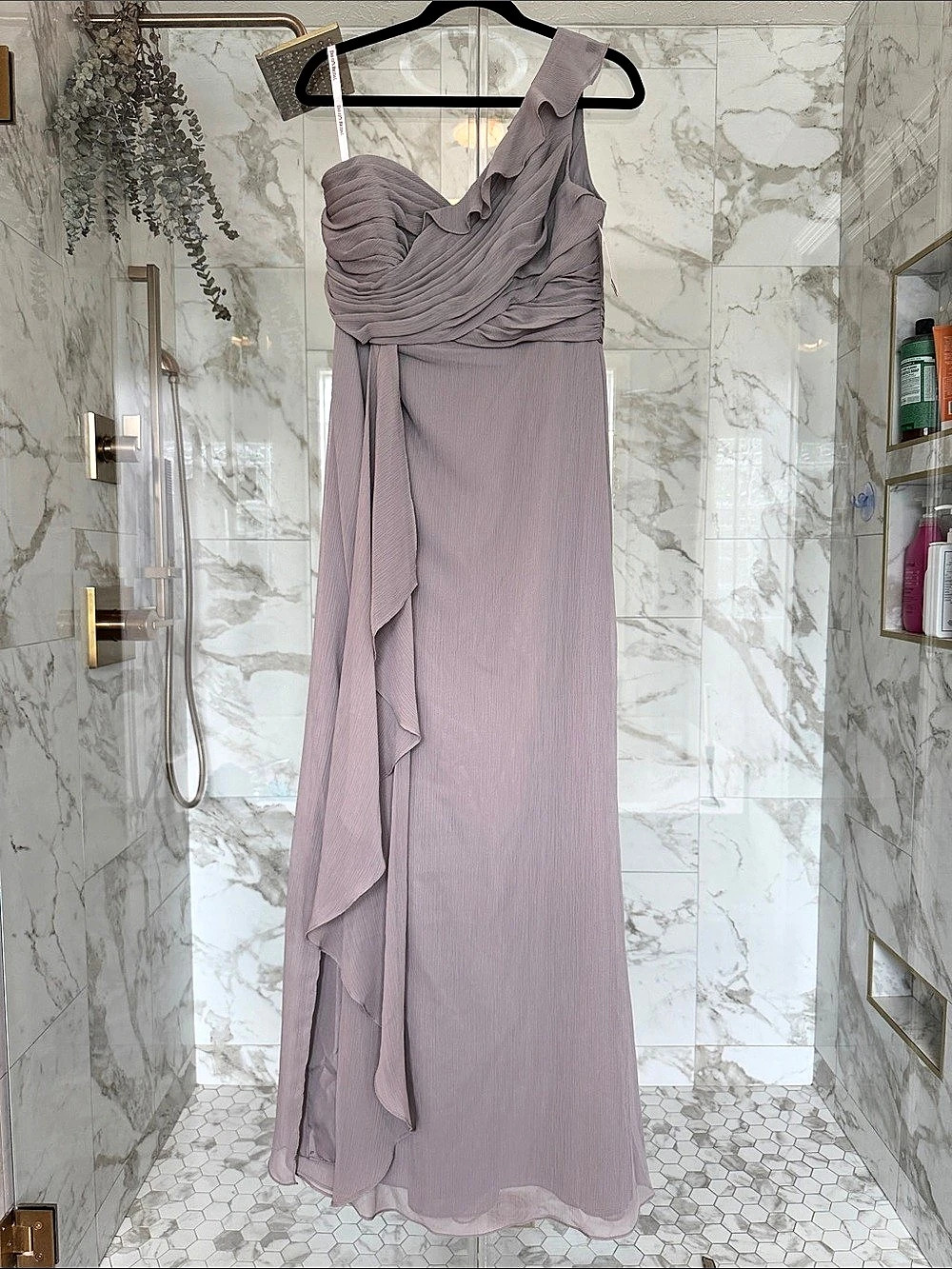 David's Bridal One-Shoulder Crinkle Chiffon Dress Light Grey 12 NWT